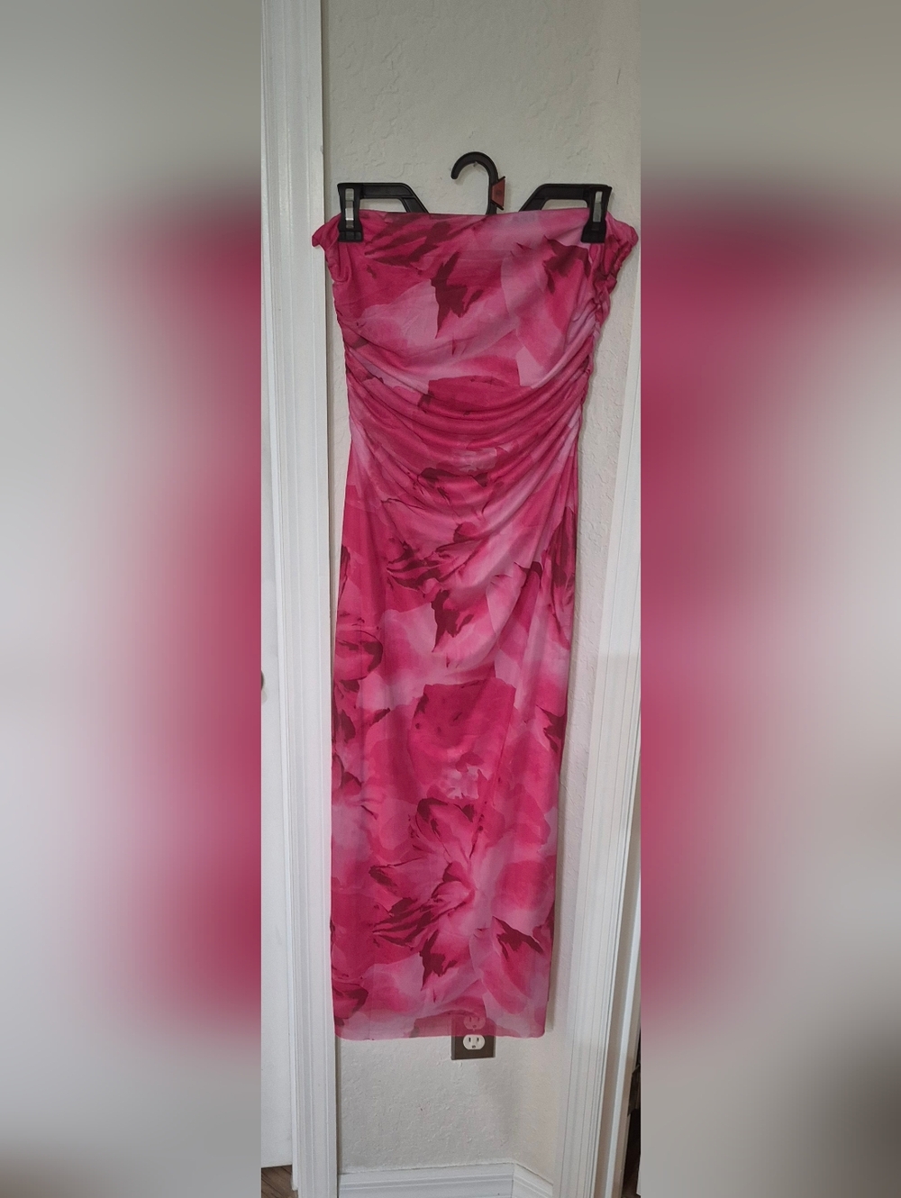 Strapless Pink Watercolor Maxi Dress With Lining.